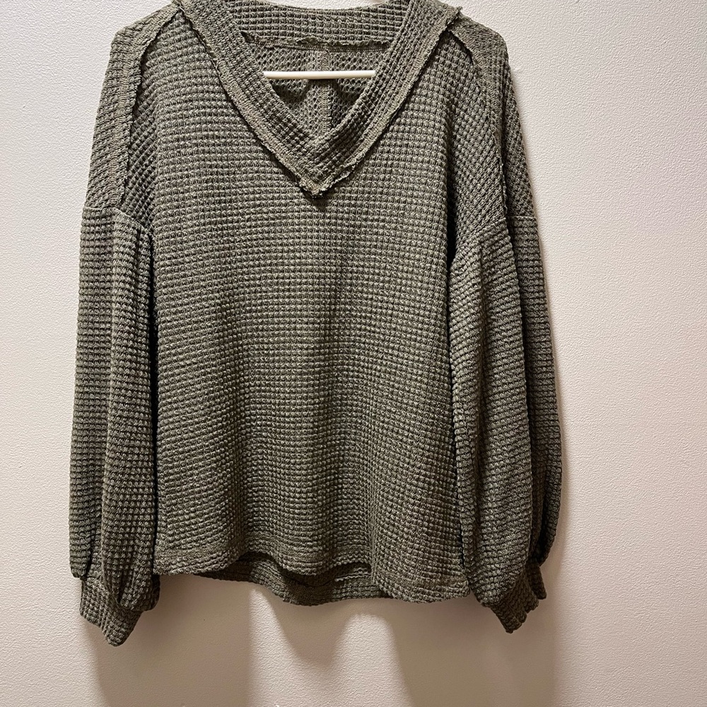 Boho Oversized Textured Comfy Waffle Knit Sweater, Sz S, Army Green (brand unav) - Picture 1 of 5